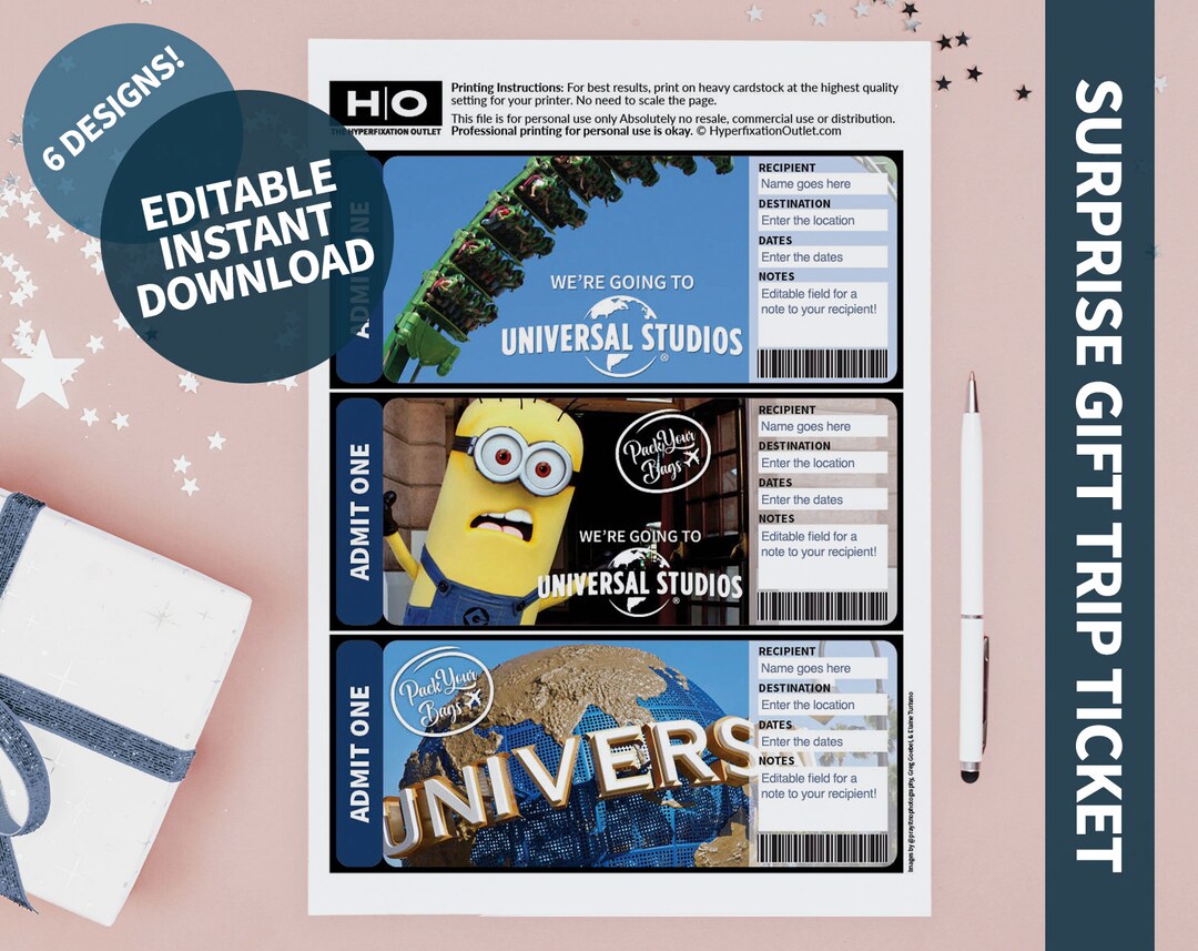 Universal Studios Gift Trip Mock Ticket. Instant Download. Editable PDF