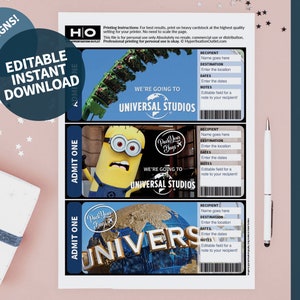 Billet fictif pour voyage cadeau Universal Studios. Téléchargement instantané. PDF modifiable. Carte d'embarquement. Vacances imprimables imprimables. Billet Voyage Surprise