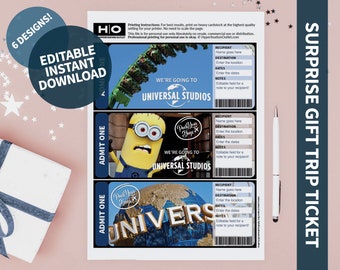 Universal Studios Mock Trip Ticket: Surprise Gift (Instant PDF Download) Printable & Editable Faux Boarding Pass or Keepsake