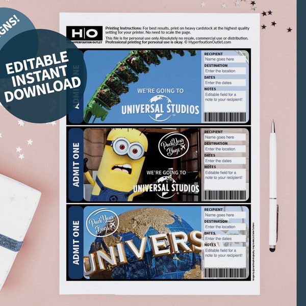 Universal Studios Gift Trip Mock Ticket. Instant Download. Editable PDF. Boarding Pass. Printable Vacation Printable. Ticket Surprise Trip