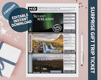 Iceland Mock Trip Ticket: Surprise Gift (Instant PDF Download) Printable & Editable Faux Boarding Pass or Keepsake