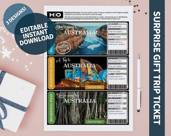 Australia Mock Trip Ticket: Surprise Gift (Instant PDF Download) Printable & Editable Faux Boarding Pass or Keepsake