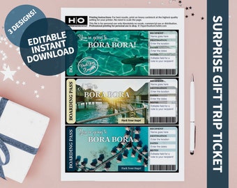 Bora Bora Mock Trip Ticket: Surprise Gift (Instant PDF Download) Printable & Editable Faux Boarding Pass or Keepsake