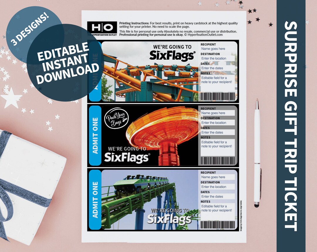 Six Flags Gift Trip Mock Ticket. Instant Download. Editable Etsy