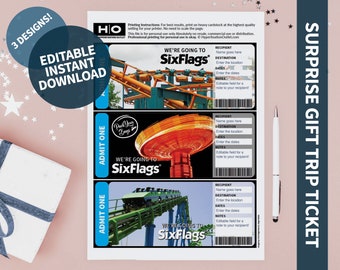 Six Flags Mock Trip Ticket: Surprise Gift (Instant PDF Download) Printable & Editable Faux Boarding Pass or Keepsake