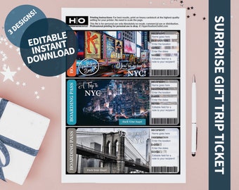 NYC Mock Trip Ticket: Surprise Gift (Instant PDF Download) Printable & Editable Faux Boarding Pass or Keepsake