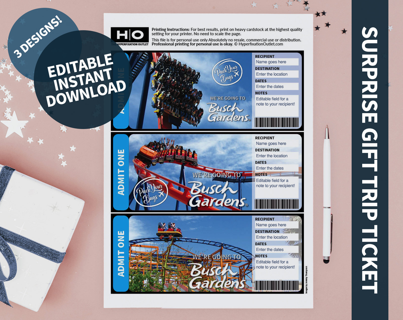 Busch Gardens Gift Trip Mock Ticket. Instant Download. Editable PDF ...