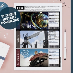 Pode incluir: Um conjunto de seis bilhetes de viagem surpresa com tema Harry Potter para imprimir. Os bilhetes são desenhados para parecerem cartões de embarque e incluem imagens do Expresso de Hogwarts, do Mundo Mágico de Harry Potter e da placa de Hogwarts. Os bilhetes são editáveis e incluem campos para o nome do destinatário, o destino, as datas e as notas.