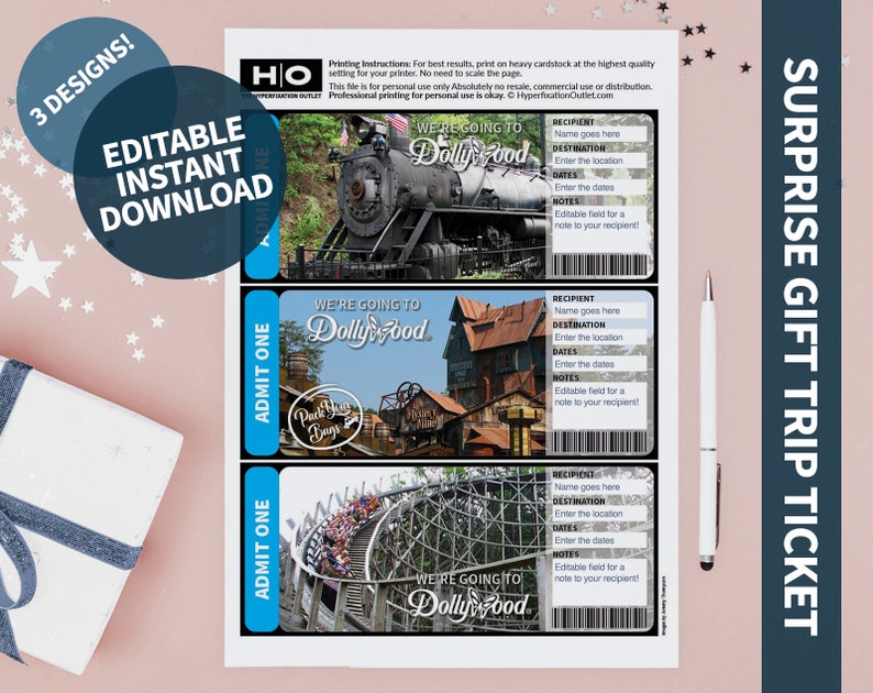 Dollywood Gift Trip Mock Ticket. Instant Download. Editable PDF ...
