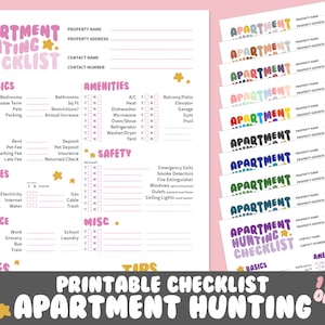 May include: Printable apartment hunting checklist with 11 color options. The checklist includes sections for basics, fees, utilities, distance, notes, amenities, safety, misc, and tips. The checklist is designed to help people find the perfect apartment.