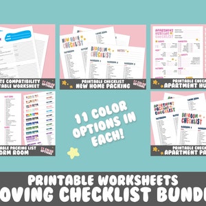 Moving Checklist & Worksheet Bundle | 11 Color Options | Organization, Planner, Printable Download, Checklist, Worksheet, PDF, Fun Retro