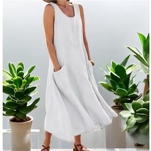 Damen Baumwoll-Leinen-Mischkleid - ärmelloser Pullover-Stil, lockere Passform, langer Rock, Sommermode, lässige und leichte Kleidung