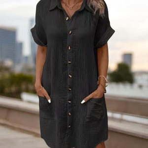 Minimalist Cotton Linen Shirt Dress V-Neck, Button-Up, Short Sleeves, Loose Fit, Casual Summer Fashion with Pockets. Stylish & Breezy
