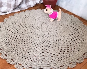 Beige Cotton Crochet Round Rug Boho Farmhouse Nursery Handmade Floor Mat