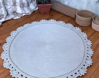 Round Crochet Rug Cotton Cord Boho Rustic Nursery Hallway Cozy Handmade Mat