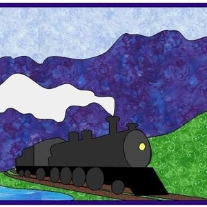 May include: A black steam engine train travels through a green valley with purple mountains in the background. Two hot air balloons float in the sky above the mountains. One balloon is red with white polka dots and the other is multicolored.