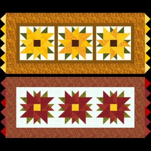 Może przedstawiać: Dwa bieżniki stołowe z pikowanym wzorem. Górny bieżnik ma powtarzający się wzór żółtych i brązowych gwiazd z zielonymi akcentami. Dolny bieżnik ma powtarzający się wzór czerwonych i brązowych gwiazd z zielonymi akcentami.