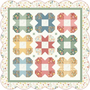 Pode incluir: Um padrão de bloco de colcha com fundo branco e nove quadrados coloridos. Os quadrados estão dispostos em uma grade de 3x3 e apresentam padrões florais em tons de azul, verde, amarelo, rosa e vermelho.