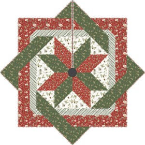 May include: A Christmas tree skirt with a starburst design. The skirt features a central star pattern in red and green, surrounded by alternating sections of patterned fabric and striped borders. The overall design is festive and holiday-themed.