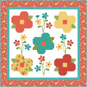 Peut inclure: Un fond blanc avec un motif floral bleu, vert, jaune et rouge. Les fleurs sont disposées en grille avec un oiseau au centre supérieur.