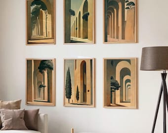 Set of 6 Minimalist Arch Prints | Mediterranean Wall Art | Warm Modern Architecture Poster Set | Tuscan Landscape Decor