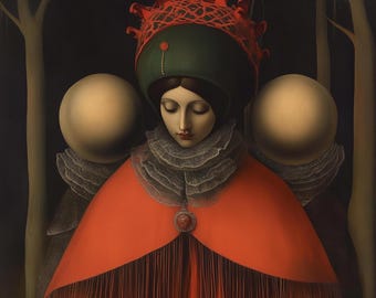 Surreal Portrait Wall Art – Dark Renaissance Woman Poster – Symbolic Fine Art Print – Moody Neo-Classical Decor