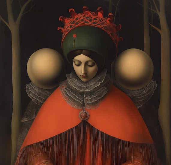 she wore a red spherical dress Surreal Portrait Wall Art – Dark Renaissance Woman Poster – Symbolic Fine  Art Print – Moody Neo-Classical Decor