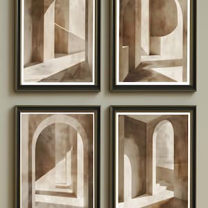 Minimalistische Architektur Wandkunst 4er Set - Abstraktes Neutrales Poster Bundle, moderner geometrischer Bogen Druck, Beige Kunst für Wohnzimmer, A4 / 24x30