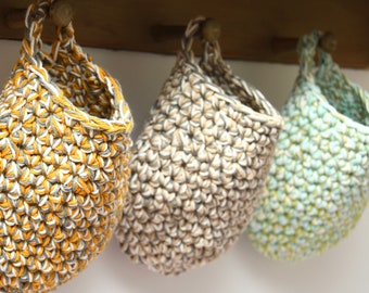 Handmade Crochet Hanging Basket, Tweed Cotton Yarn Organizer