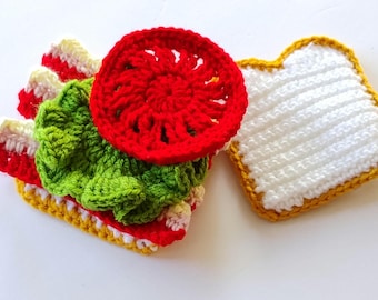 crochet blt sandwich, play food sandwich, crochet bacon lettuce tomato sandwich set, pretend play food set, sandwich food prop