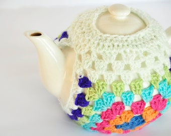 granny square teapot cozy, crochet cottage teapot warmer, rainbow tea warmer, mothers day gift,  tea drinker gift, self care gift
