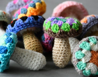 Handmade Crochet Granny Square Mushroom, Retro Car Charm, Cottagecore Decor