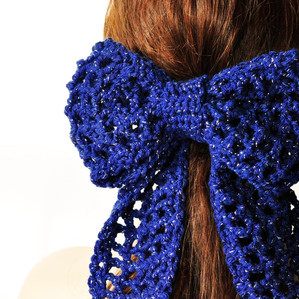 crochet mesh hair bow, large metallic  hair bow, coquette crochet hair bow,  sparkle hair tie bow