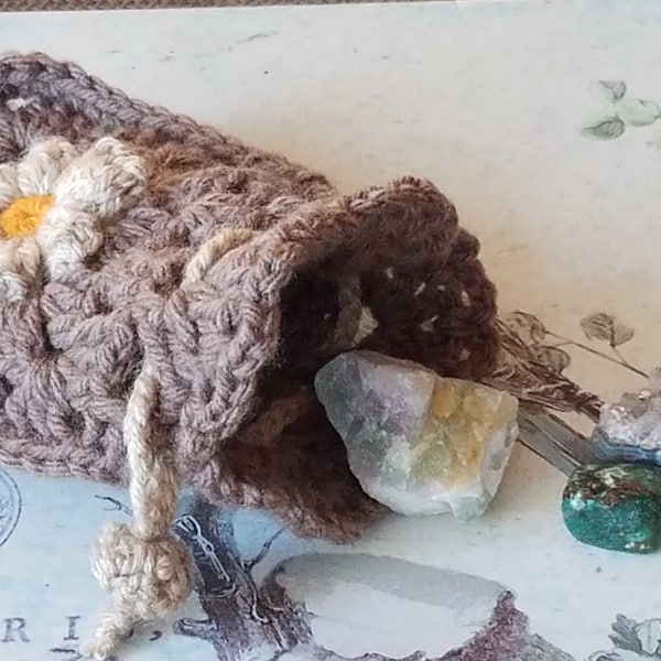 Crochet flower amulet bag, handmade crystal bag, flower ear pod cozy, drawstring dice bag, crochet trinket bag