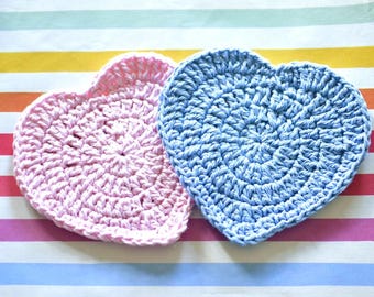 Crochet Heart Coasters: gender reveal pink and blue