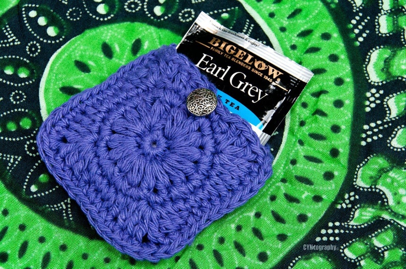 crochet tea bag cozy, crochet flower tea pouch, tea drinker gift Purple