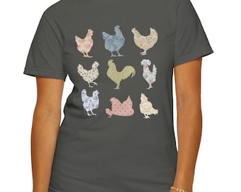 Chicken Patchwork Farm-T-shirt: uniseks rustiek T-shirt comfortkleuren