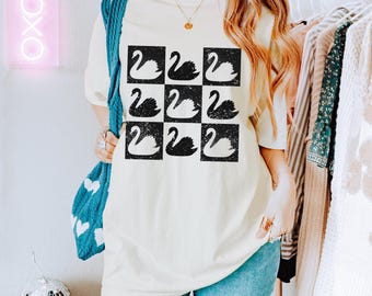 T-shirt met distressed zwaanprint, comfortkleuren, retro T-shirt met print