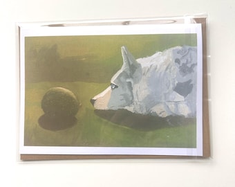 Corgi Greeting Card – Dude and the Big Avocado – Blank Dog Lover Art Card