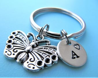Personalized Butterfly Keychain: Hand Stamped Initial Charm