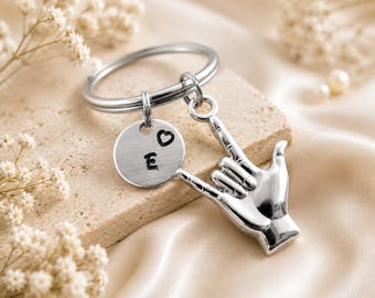 ASL I Love You Keychain, Personalized Gift for Deaf Friend, Sign Language Teacher Gift, Interpreter Keyring with Initial