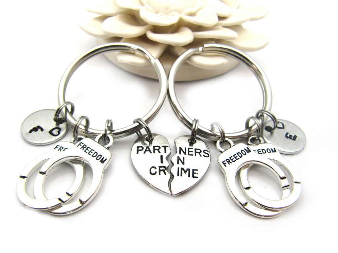 Partners in Crime Keychain Set: Handcuff Charm, Initial Disks - Etsy
