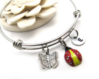 Ladybug Bracelet, Ladybug Butterfly Bracelet, Red Ladybug Bangle, Ladybug Jewelry, Lucky Bug Bracelet, Ladybug Lover Gift, Initial Bracelet
