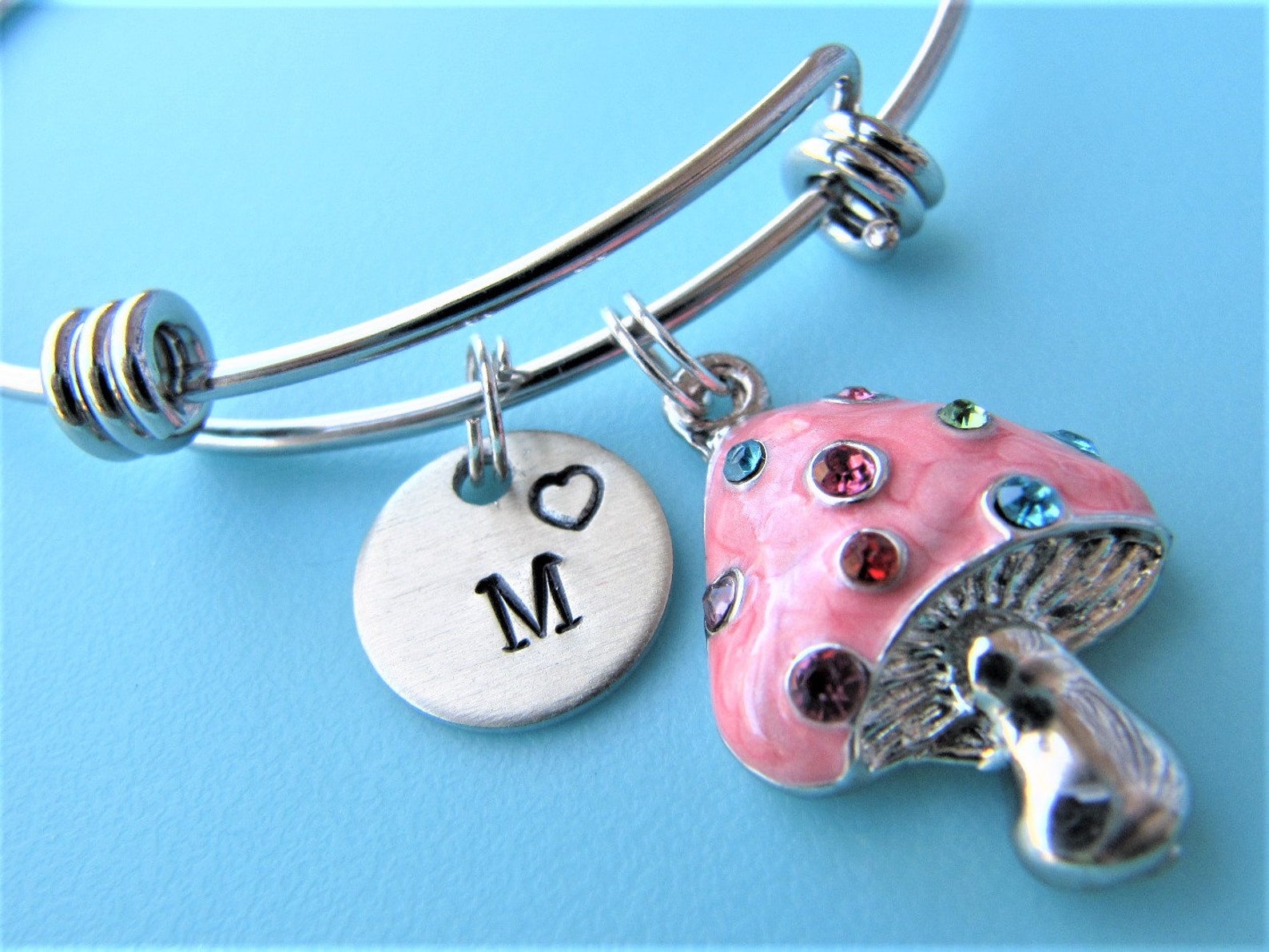 Pink Enamel Mushroom Bracelet Mushroom Charm Bracelet Etsy
