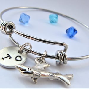 Shark Bracelet, Shark Charm Bracelet, Shark Bangle, Shark Jewelry, Initial Charm Bracelets, Sea Bracelet, Expandable Bracelet with Charms