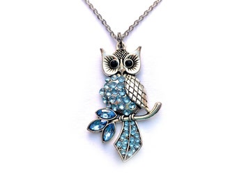 Blue Rhinestone Owl Necklace, Owl Jewelry, Owl Charm Necklace, Owl Jewelry Gift, Owl Lover Gifts, Owl Necklace Jewelry, Owl Pendant Necklace