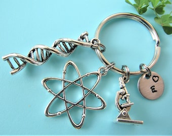 Personalized Science Keychain: DNA, Microscope, Atom Charms
