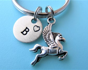 Pegasus Keychain, Pegasus Charm Keyring, Initial Keychain, Personalized Keychain, Customized Keychain, Flying Horse Keychain, Pegasus Gift