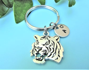 Personalized Tiger Keychain, Tiger Keyring, Animal Keychain, Tiger Jewelry, Tiger Lover Gifts, Tiger Face Keychain, Custom Initial Keychains