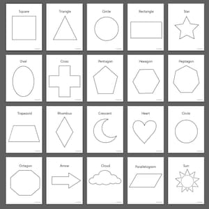 May include: A collection of flashcards featuring various geometric shapes, including a square, triangle, circle, rectangle, star, oval, cross, pentagon, hexagon, heptagon, trapezoid, rhombus, crescent, heart, octagon, arrow, cloud, parallelogram, and sun.